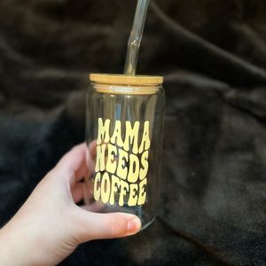 Mama needs coffee 16oz glass cup with bamboo lid & straw
